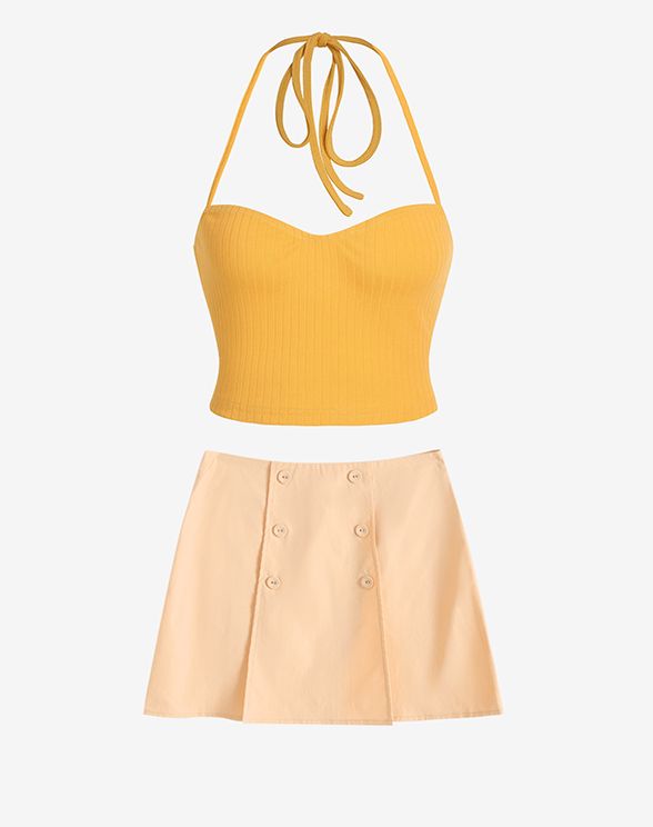 Mock Button Overlap Design Mini Skirt In LIGHT YELLOW