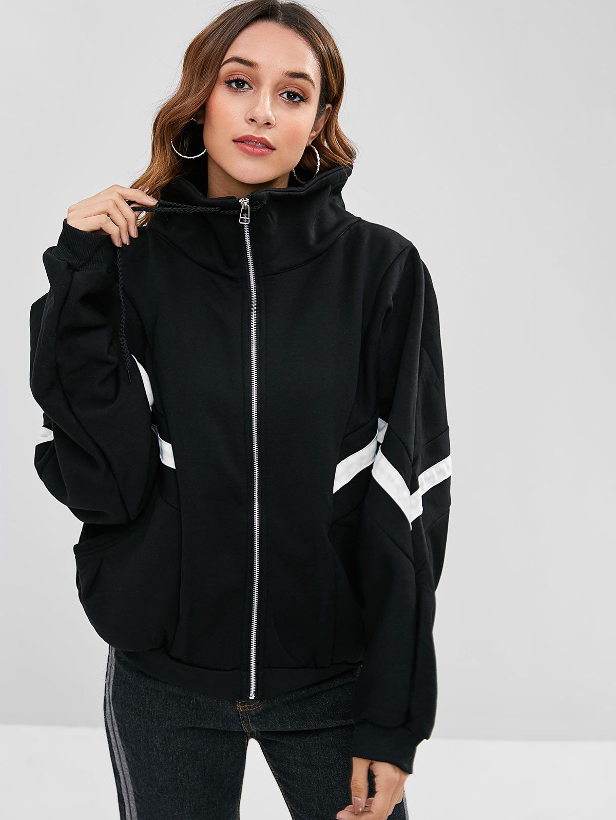 zaful Oversized Zip Up Contrast Jacket